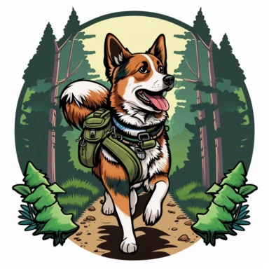 A clipart illustration of a dog wearing a backpack and hiking through a forest trail. The dog's facial expression reflects excitement and determination, as it explores the natural surroundings. The dog is wearing hiking boots, a bandana, and a harness for the backpack. in a circle