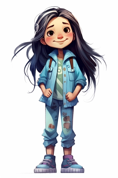 4 year old cartoon Pretty children, cute cartoon white girl with black long hair, wearing blue trousers and turquoise coat, smiling with her arms crossed. Pixar childrens book cartoon style, detailed, modern, urban, watercolor, full color, flat color, white background, children book illustration. Watercolor clipart. Pixar animation