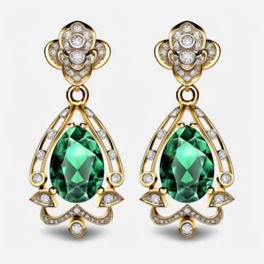 jewellery gold earrings with green stones and diamonds digital clipart on white background