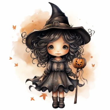 Hand drawn, halloween cute little witch standing make magic wand clipart, watercolor, Claudia Tremblay style, no shadow, single design, print on demand image, PNG transparent, white background for removing background - - no text shadow font watermark