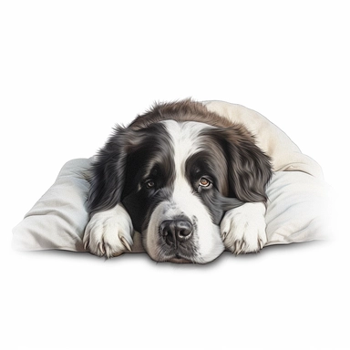 Landseer, cuddling with its pillow, realistic, Clipart, white background, no text, no caption