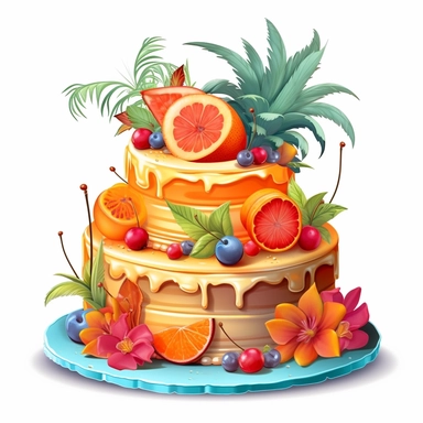 Create a clipart image of a birthday cake with a tropical theme. Use vibrant colors, tropical fruit decorations, and edible flowers to create a cake that captures the essence of a beach vacation.