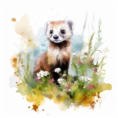 Watercolor illustration of a ferret in nature clipart, in the style of realistic watercolor paintings, realistic, detailed, bright colours, white background, clipart