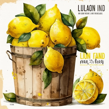 Lemon Watercolor Clipart, Lemons Bundle in a bucket PNG file, Junk Journal style, scrap booking style, bright yellow lemon in a rusted brown crate white background no text no caption no floating lemons