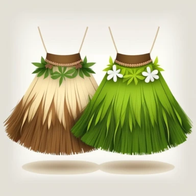 Grass skirts: Long or short skirts made from grass or synthetic materials, worn by hula dancers or party guests. white background clipart