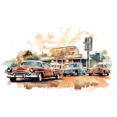 A nostalgic drive-in theater movie screen, showcasing a classic movie and surrounded by vintage cars, clipart, watercolor, white background, american style