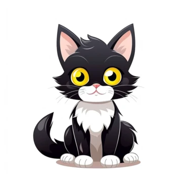 cute cartoon cat, black and white cat, black face with a little bit white by mouth, a lot of white on chest, white paws, black legs, yellow eyes, full body sitting, white background, clip art, vector graphic