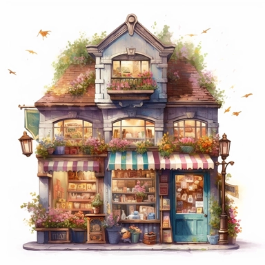 a very cute toy shop with lots of toys , clipart, exterior view, cozy, flowers, luminious, dramatic lighting, super detailed, daytime, Thomas Kinkade style, watercolor, 8k, on isolated white background