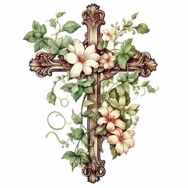 vintage cross with flower vines clipart, high detail, illustration style, high solution, on the white background
