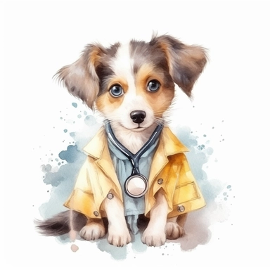 Cute Dog BABY, BEAUTIFUL big SHINING EYES ,HAPPY, dressed as a Doctor , Watercolor Little Animals Clipart, COLORFUL