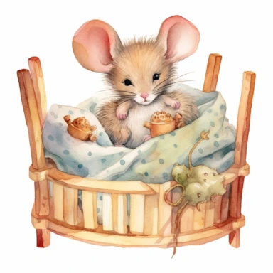 a cute baby mice inside a crib, watercolor, detailed, clipart, hd