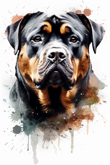 Rottweiler, Watercolor Clipart, White Background, No Watermarks Imagine a striking watercolor clipart of a Rottweiler on a white background, free of any watermarks. The image features a muscular Rottweiler with a broad head, strong jaw, and alert expression. The dog is depicted in warm, earthy tones with expressive brushstrokes that capture its personality and energy. The background is a soft white that brings out the richness of the dog's coat. The overall effect is a charming and engaging imag