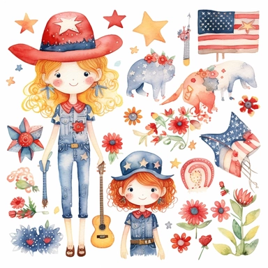 watercolour graphics collection including 4th of July cliparts: USA flag, cow in a USA flag bandana, hippy bus, American map in the American flag colours, cowboy boots with American flag colours, sunflower bouquet with the American flag, white background, in the style of emily balivet, soft, blended colors, contrasting colors, kawaii manga, floral explosion, vector, cartoon animated