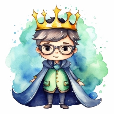 clipart of a cute little happy king in a very beautiful suit and a cute cape. His hair is black and with green eyes. He is wearing glasses. The king suit is black, and blue.The background is watercolour and all of it in 4K