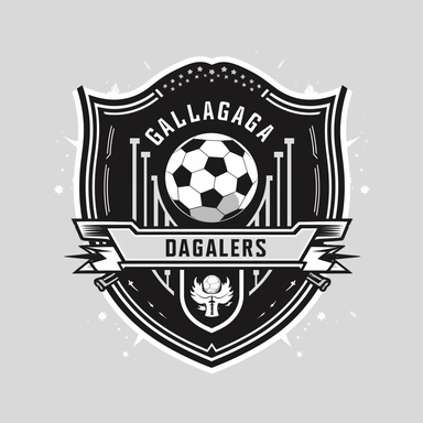 create a logo for a futsal team called goal diggers that includes a shovel and a football, shield shape with banner. flat style, clip art, simple logo design. black and white