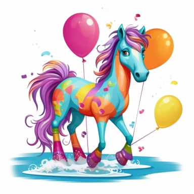 Colorful and vibrant colors to make clip art of a quirky horse on vacation with unique color combinations that stand out and evoke a sense of joy and cheerfulness with a white background
