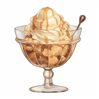 Watercolour of a toffee Ice Cream in a glass bowl , Clipart,Cartoon,hyper realistic, intricate detail isolated on a white background, high quality, sublimation, detailed, cartoon style