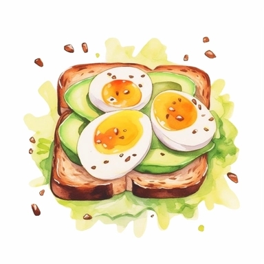 toast with avocado and egg, pastel colors, light watercolor, few details, dreamy, Studio Ghibli, clipart, white background