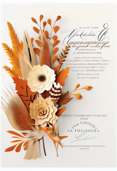 beautiful, intricate, sharp focus, light orange, tan, and brown fall colors, 3d papercut, thanksgiving celebration,incorporate small thanksgiving pumpkins, turkey feathers, thanksgiving holiday invitation with white fluffy tail flowers,white wintergreen berries, dried grasses, dried leaves, dried flowers, show entire invitation, no border, clipart, on white background, flat lay, extreme detail, wedding invitation,