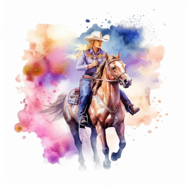 Cowgirl riding a horse illustration, nebular mix background, clipart, photorealistic illustration, watercolor, high detail, 8k polished, 8k, vibrant colors, sticker, majestic, die cut, white background