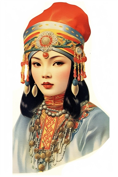 Vintage 1920 Asian woman along with a striking silver nose ring Illustration , Chromolithograph, Die Cut, 1920s Illustration, Vintage, Chromolithograph, Colorful, Antique, Ephemera, Clipart, 8k, Isolated on white