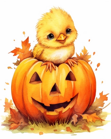create a high quality watercolor clipart of a cute chicken next to the jack o lantern on a white background. The file needs to be high resolution, cute cartoon style