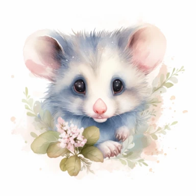super cute newborn baby opossum clipart with huge cute blue eyes long fur smiling painted in watercolour style, splashes, pastel pink and sage green floral elements, white background 8k hd