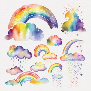 clouds, rainbow, watercolor,all white background, clipart