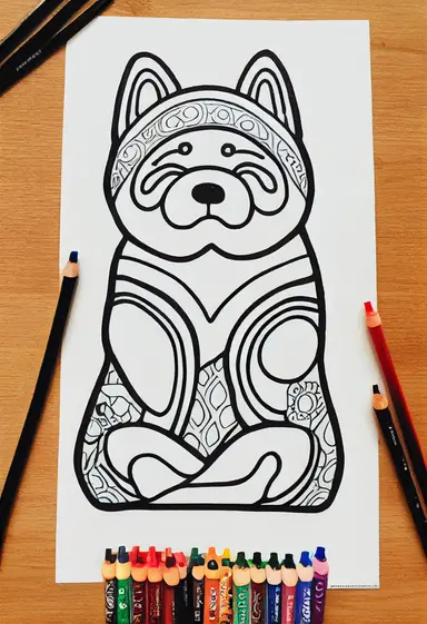 thick lines, 1 simple drawing, 1 , 1bit, 1 full body, super realistic anthropomorphic akita dog sitting in lotus position on yoga, sticker art, 1 color by numbers, 1 coloring page for adults, 1 , printable outlined artwork, 1 smooth curved lines, 1, coloring book style, 1, line art, 1 just the outline, white paper, white backdrop, crisp lines, vector image, svg style, clipart style,