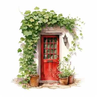 It's a summer lazy calm day, green creeper winding on the facade of the old cottage house with red door, , strawberry bush in a decorative ornamental pot with white flowers, watercolor, isolated on white background, on a white background. clipart