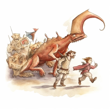 brownish reddish medieval dragon chasing after peasants who are running away from him in fear watercolor clipart no fonts no words no letters