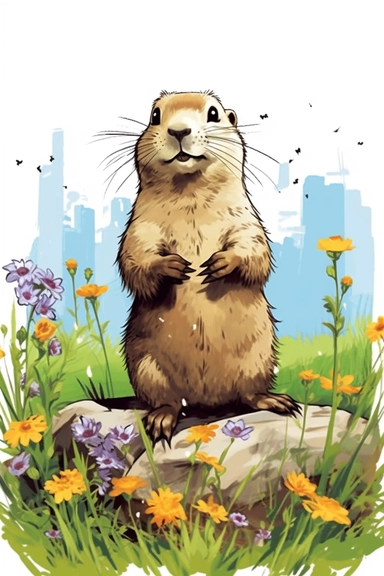Cute and baby animal groundhog, ink drawing, meadow with flowers and green leaves, walt disney style, 4k, quality, detailed, clipart, smile, with a black outline , cartoon illustration in vector, in vector style high contrast, happy cartoon, children's book illustration,