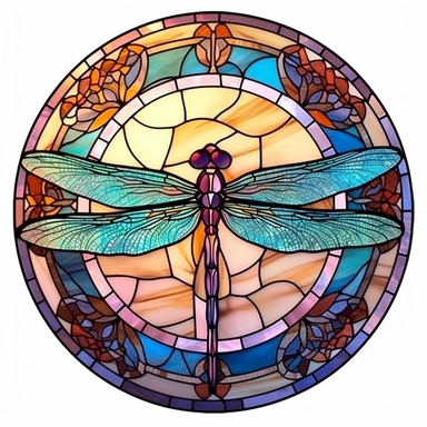 Vintage Cute Beautiful Colorful Round Faux Stained Glass Dragonfly Sublimation Clipart,Cartoon,hyper realistic, intricate detail, illustration style,high solution,on the white background