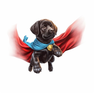Envision a playful clipart puppy with a superhero cape, leaping through the air with a determined expression, ready to save the day with its canine powers against a white background.