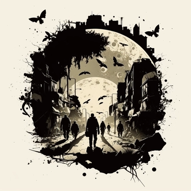 Creative graphic design, design, WW2, A group of soldiers with an M4 weapon, upper drone view, a tired faces, Walking in an open area in the middle of a refugee camp, lots of pipe bombs scattered in the area, full moon black and white, wrecked streets, dead body, explosions in the background, a war zone, scattered, on a refugee camp, war, dead people, dark sky, no hope, sepia colors, black and white, dark, deep pain, people in tremendous suffering, EPIC, Dark collage, clipart, graphic, illustrat