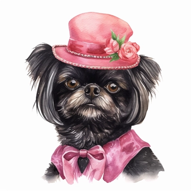 An adorable watercolor clipart of a Doggy Diva wearing a fashionable outfit, black Brussels Griffon