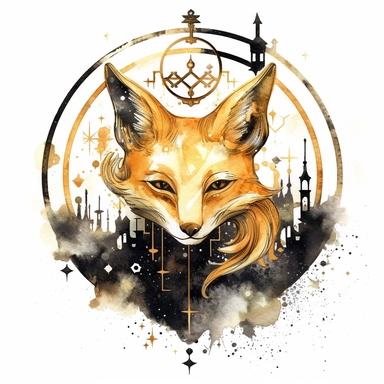clipart watercolor creepy magical gold fox with crescent moon and stars, black white gold colors, fantasy, detailed, white background, illustration painting, collaged constructions, digital art, in the style of sculptural and geometric, forced perspective drawings, Geometric brushstrokes form an intriguingly abstract, painterly figure