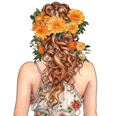 Watercolor A woman's face, full body, back view White fabric leaves flowers Marigolds decorate hair, wedding dress with flowers Marigolds and leaves adorning her hair. hair up with flowers Marigolds vividly bold designs png Full body realistic cartoon in 32K UHD cute. 15 cm thick outline. . There was no shadow on the ground. 8k with realistic watercolors. and detailed illustrations. PNG, clipart, hd, on white background, spaced out