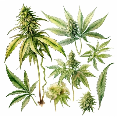 Clipart, vintage, watercolor, Cannabis sp, multifogliate, botanical illustration, hand drawn, texture