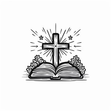 Bible book with a cross on it, Line art style, clipart solid white background