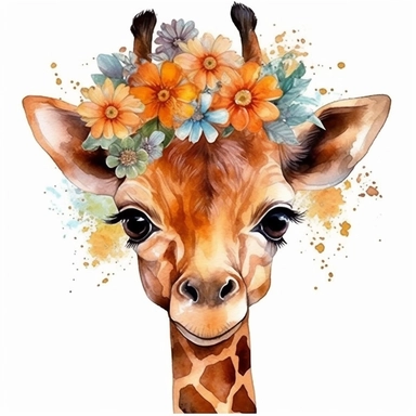 Nursery Print baby head giraffe flowers drawn in watercolor style, vector design, , Sublimation Clipart ,Cartoon,hyper realistic, intricate detail, illustration style,high solution,on the white background