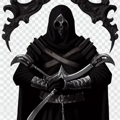 medieval character concept, black cloaked mercenary wielding a massive two handed sword, representing death, png, png cut out, dark blacks, intricate detail, symmetrical design clipart,