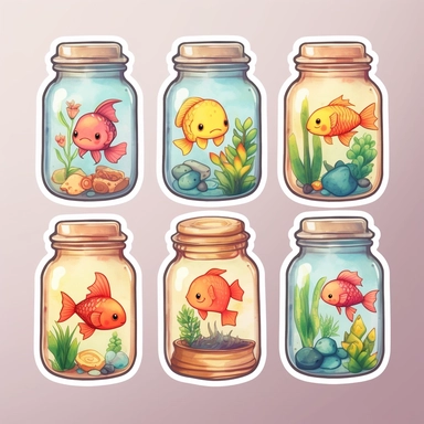 cute Aquarium jars sticker set, sticker pack, sticker sheet, character sheet, multiple stickers, Watercolor Clipart, chibi, simple, minimal art, hand-drawn, vector art, adorable, lovely, whimsical, cute and quirky, watercolor effect, bokeh, low-poly, retro aesthetic, 4K resolution, photorealistic rendering, using Cinema 4D