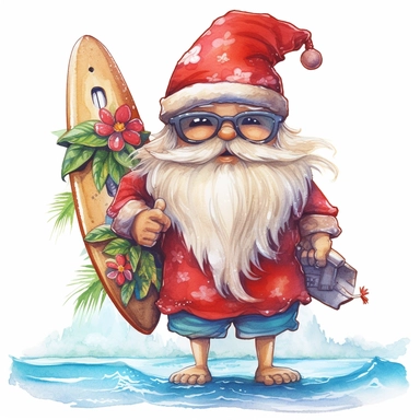 A watercolor painting of cute Santa's red hat in a Hawaiian shirt and sunglasses, holding a surfboard and standing on a beach, cute big eyes, cute detailed digital art, whimsical and cute, cute detailed artwork, glimmering, adorable and whimsical, whimsical art, Clipart style