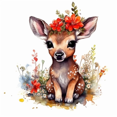 cute baby deer, full body With Flower Wreaths very vibrant colors, red mushroom, outline black, highly detailed, watercolor clipart white backround