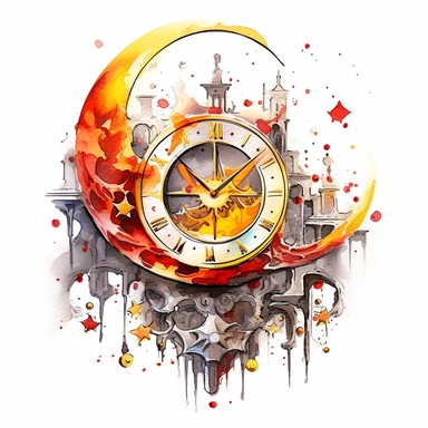 clipart watercolor creepy magic clock with crescent moon and stars, red yellow silver color style, fantasy, detailed, white background, illustration painting, collaged constructions, digital art, in the style of sculptural and geometric, forced perspective drawings, Geometric brushstrokes form an intriguingly abstract, painterly figure