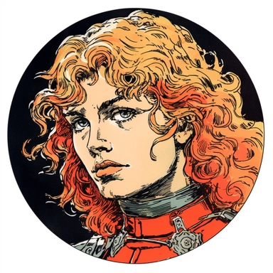 tough young girl Roundhead Puritan knight, Josh Kirby Mad Max Lord of the Rings, enamel punk zine indie, clipart illustration, circular solid background, circular border