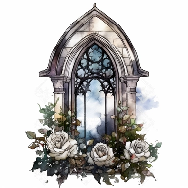 a gothic victorian window, overgrown with very big white roses beautifully designed, clear view on a victorian city, in the style of dark intense colors, watercolor, clipart, white background