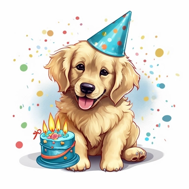 A clipart of a festive Golden Retriever with a birthday hat and a piece of cake, celebrating its birthday, designed on a white background.