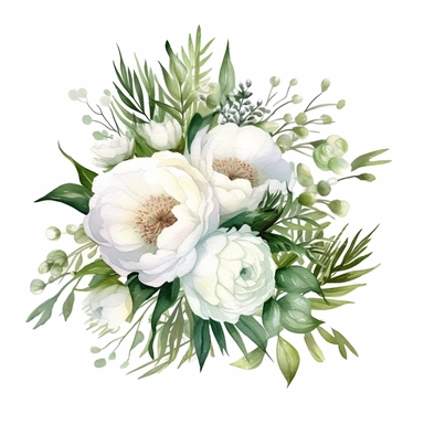 wedding day catholic white church, peonies flowers, watercolor clipart, pure white background, sharp details and ultra HD